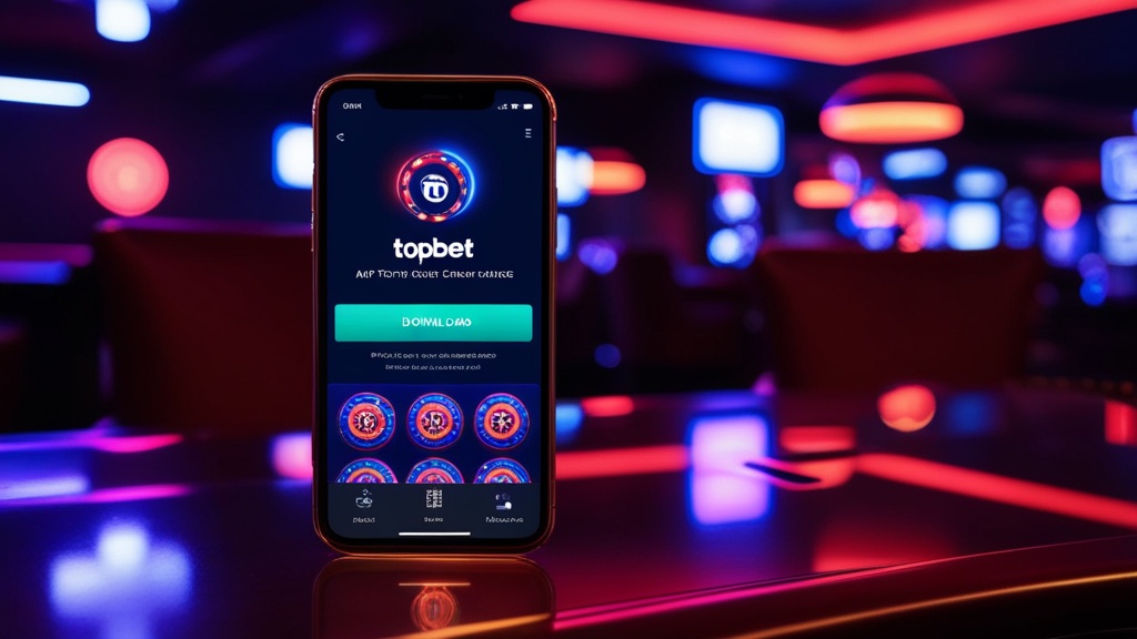 Smartphone showing the Topbet app download page in a dark casino setting