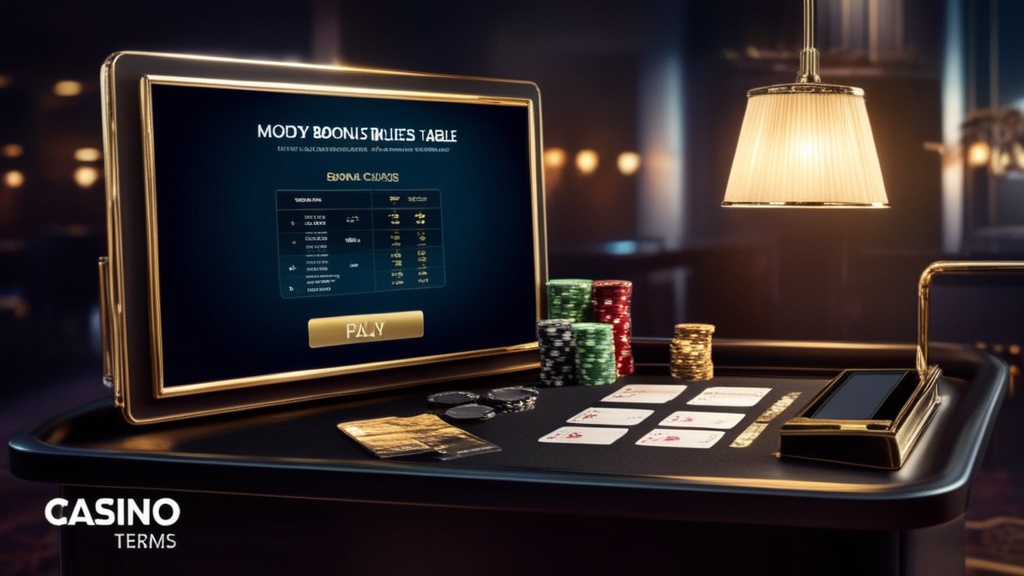 Bonus terms table displayed in a dark casino cashier environment