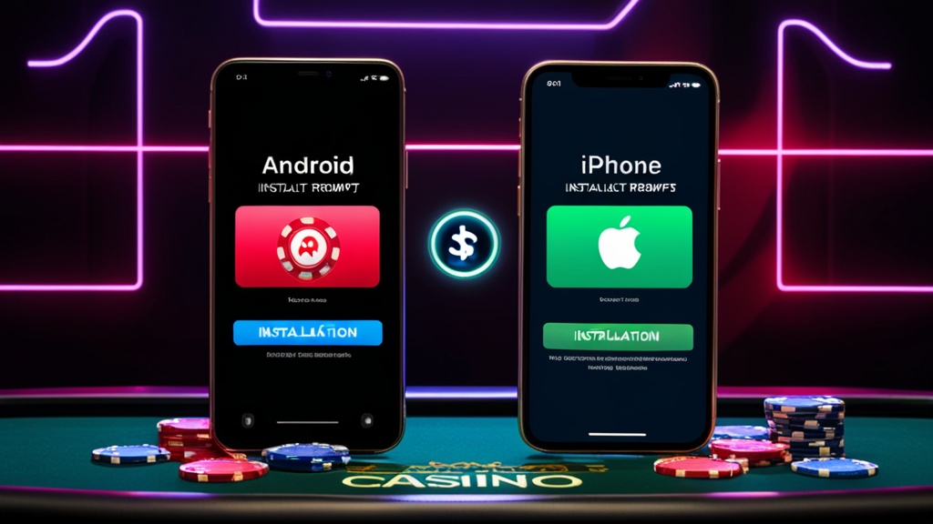 Android and iPhone phones showing Topbet download steps in a casino setting