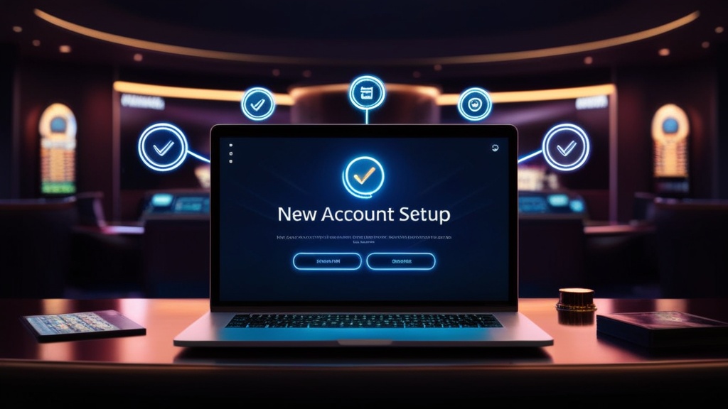 New account setup screen with checklist icons in a casino setting