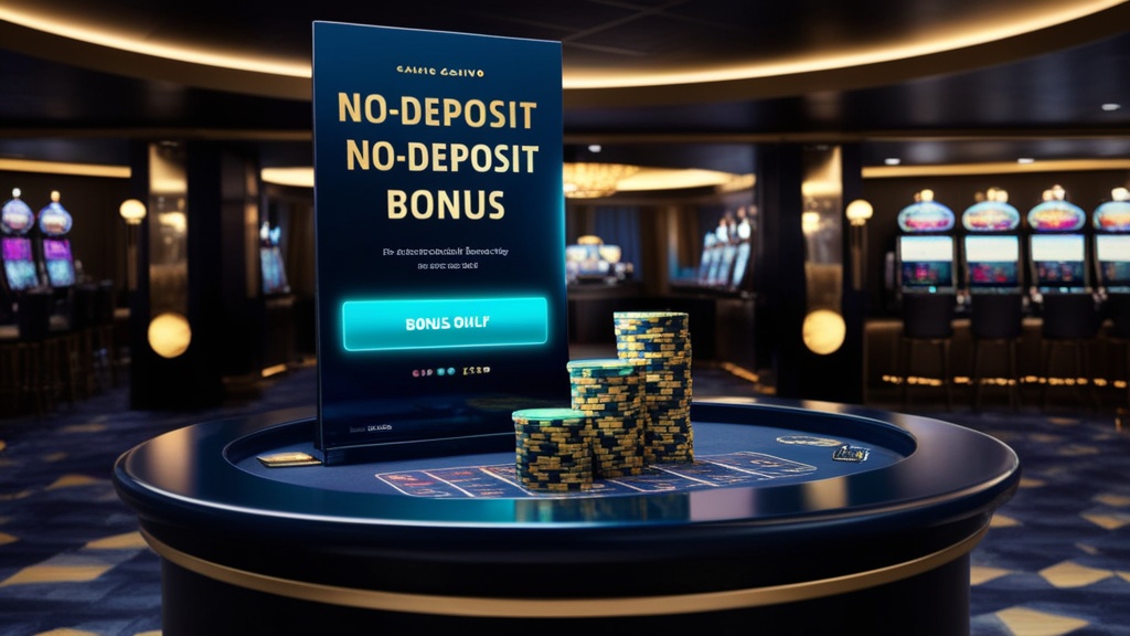 Casino lobby scene with a glowing no deposit bonus banner and slot lights