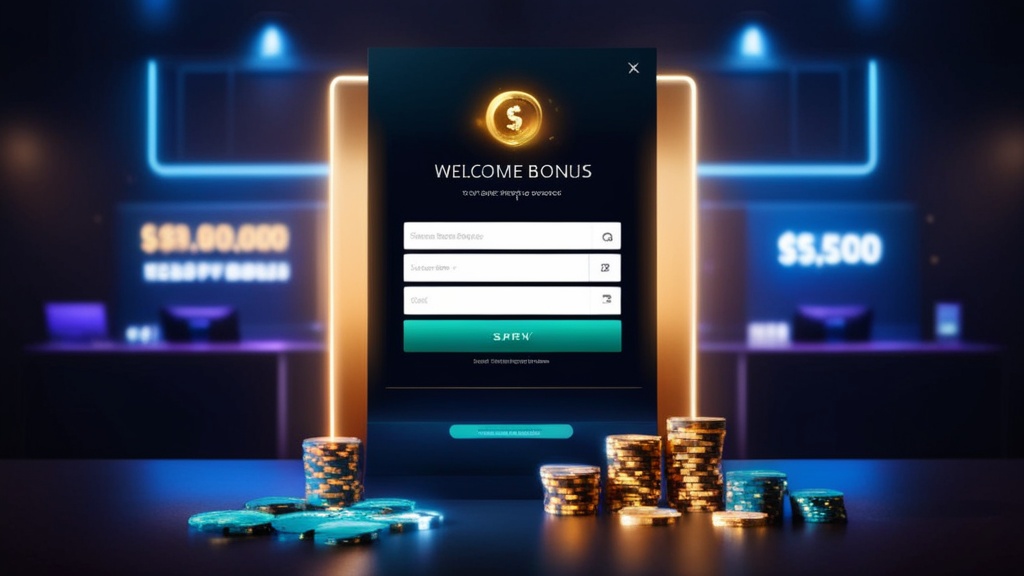 New player signup screen with a welcome bonus banner in a dark casino setting